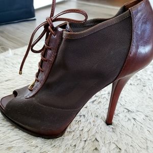 Christian Dior Booties Brown Mesh Leather Lace-Up
